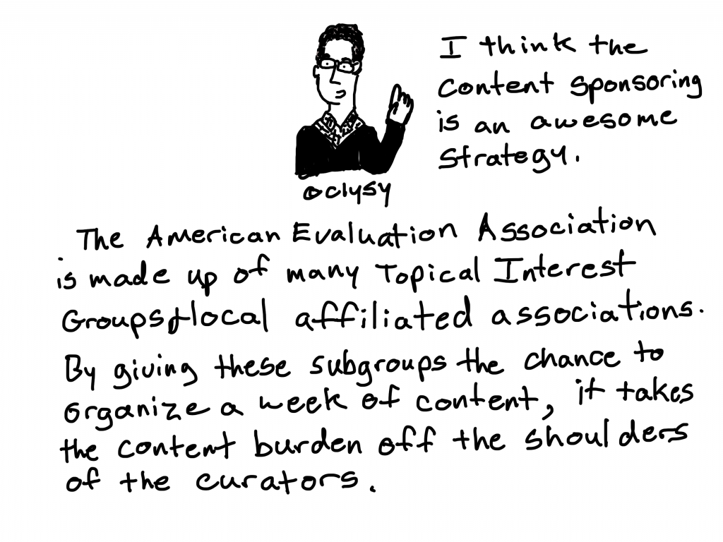 I think the content sponsoring is an awesome strategy. The American Evaluation Association is made up of many Topical Interest Groups and local affiliated associations. By giving these subgroups the chance to organize a week of content, it takes the content burden off the shoulders of the curators.