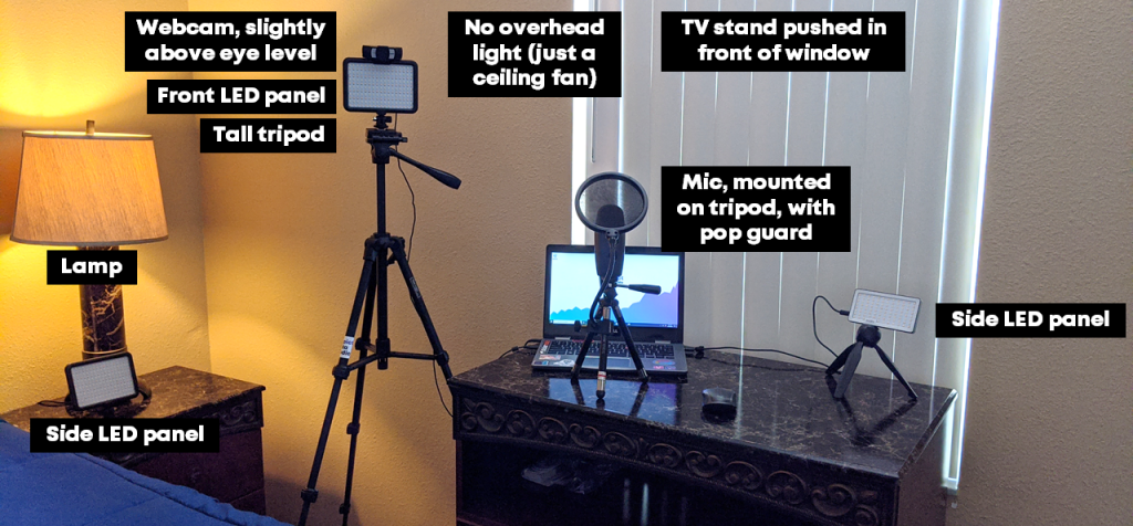 Picture of Ann K Emery's current home office set up that includes  a webcam, LED light panels, tripods, microphone and different light sources.