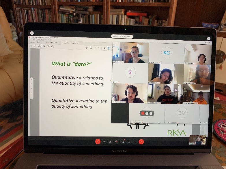 Screenshot of virtual lecture with powerpoint slide and participants' webcams.