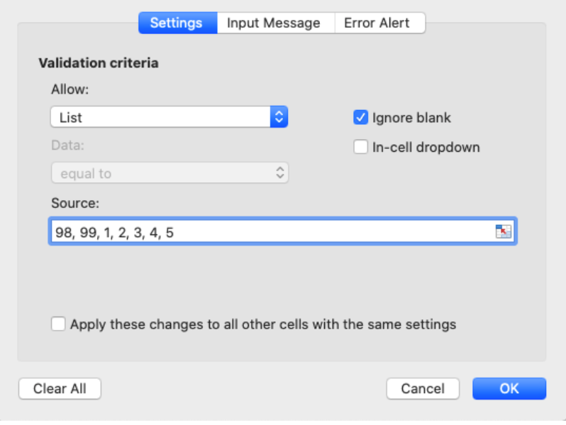 How to set up Microsoft Excel Data Validation to accept a list of allowable responses.