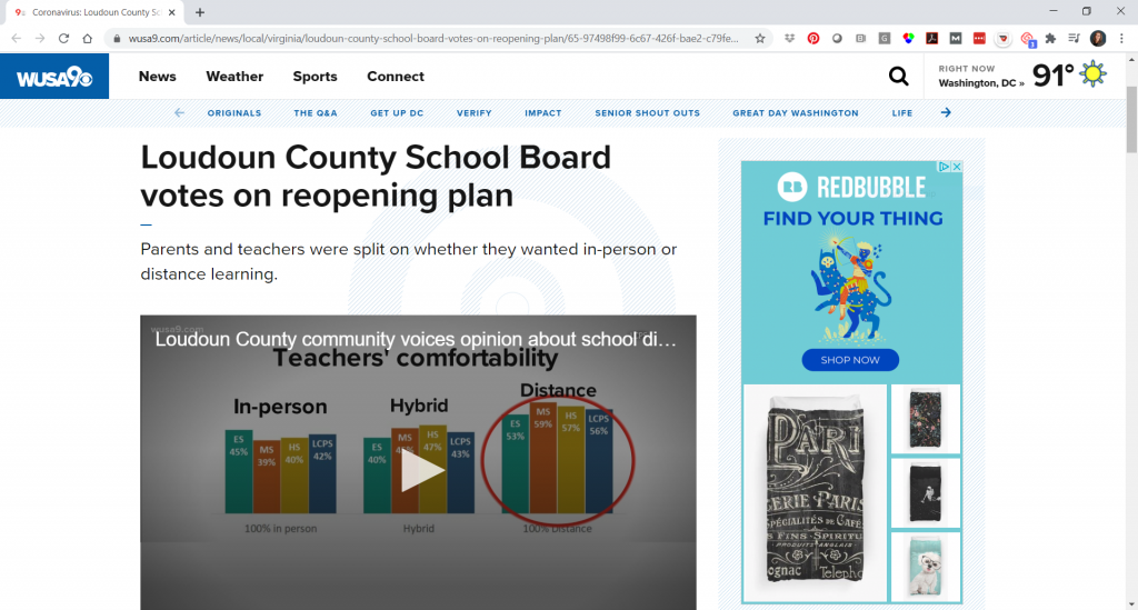 A local new station featured Vivian Jefferson's graphs in their story about Loudoun County Public Schools reopening plan during COVID-19. 