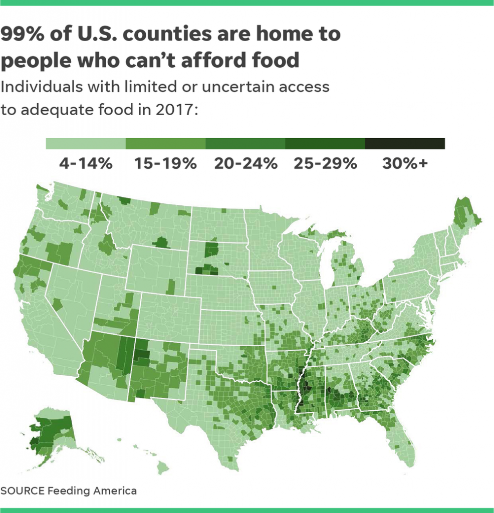 Map of the United States used in a social media post. Source: tennessean.com, image: feedingamerica.org.