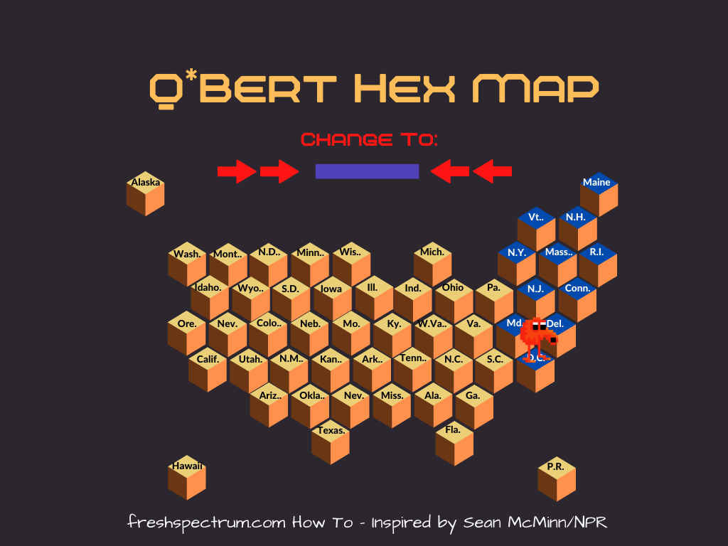 This is a Q*bert hex tile map of the United States created by Chris Lysy of freshspectrum and inspired by Sean McMinn.