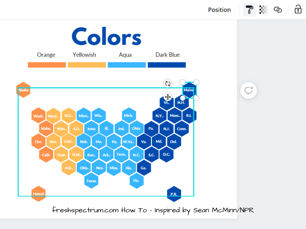 This is another illustrative example of a hex tile map being created in Canva.