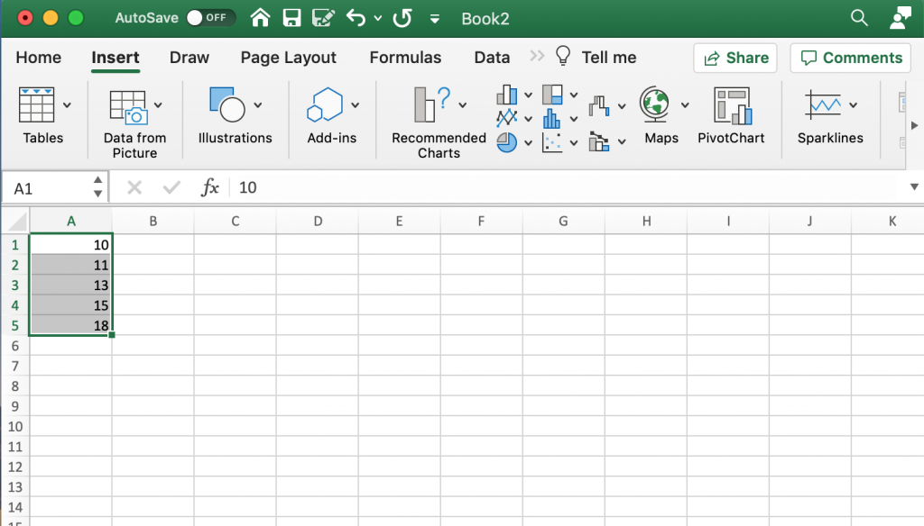 Step 1 in creating a Bar Chart in Excel.