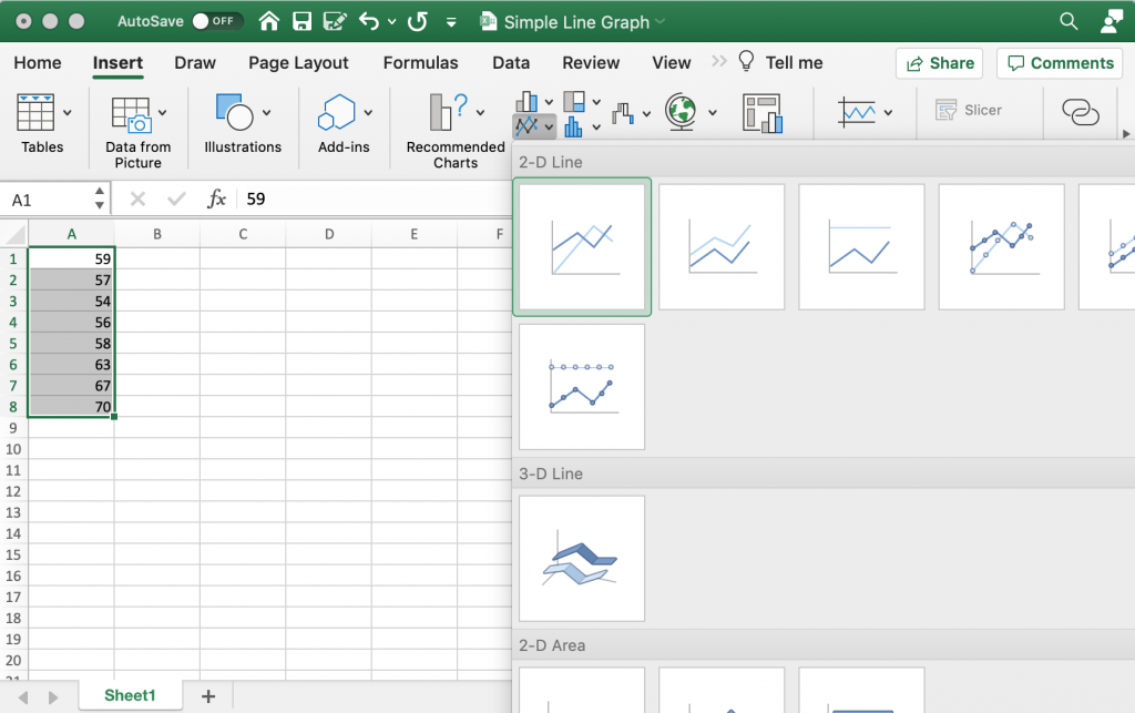 How to create a line graph in Excel - Step 2