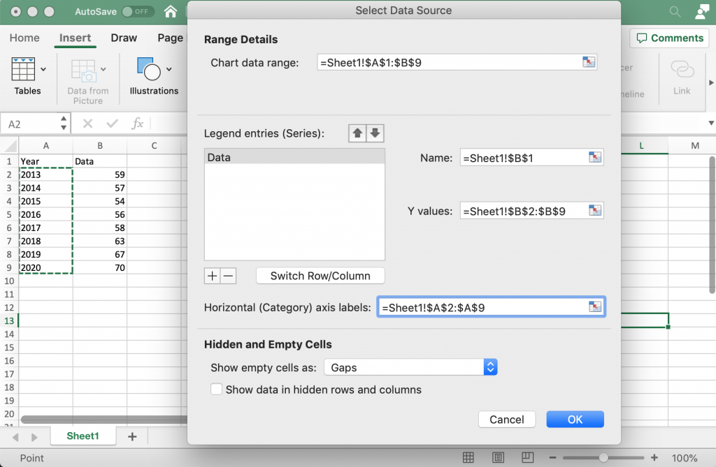 How to create a line graph in Excel -  Select Data Source