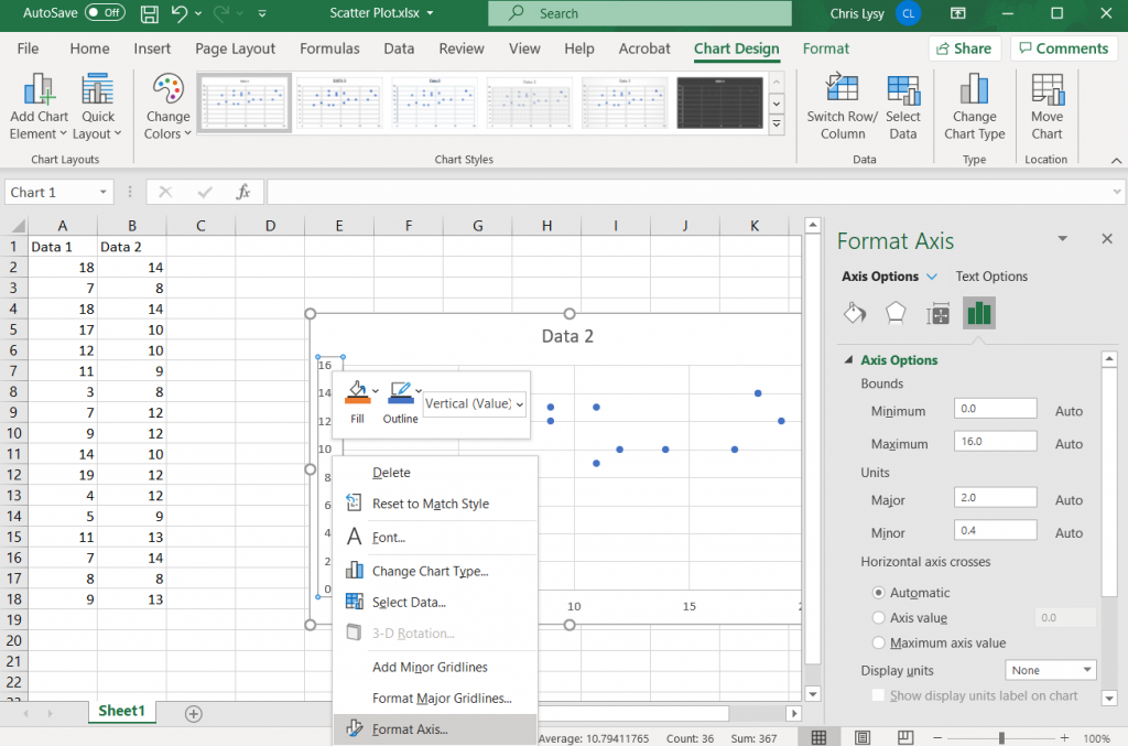 How to Create Scatter Plots in Excel - Setting up your Axes Illustration