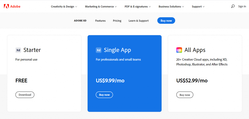 Adobe XD Pricing Plans