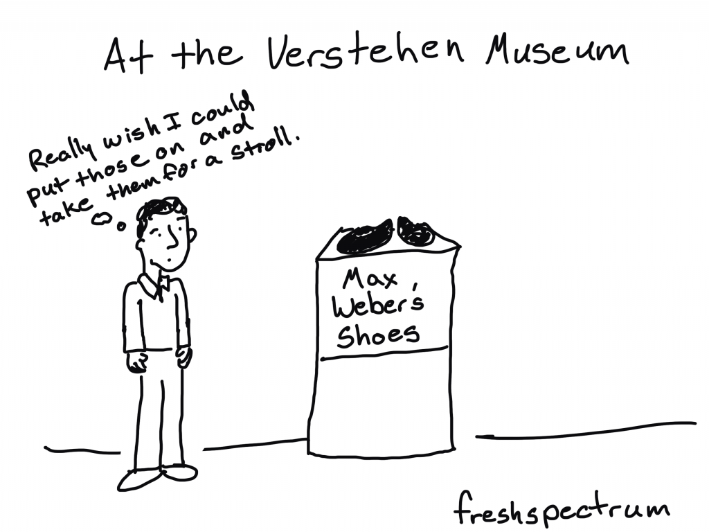 Freshspectrum cartoon by Chris Lysy - At the Verstehen Museum, "Really wish I could put those on and take them for a stroll." Looking at Max Weber's Shoes