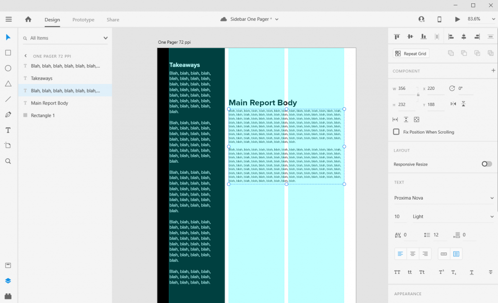 Sidebar Style One-Pager in Adobe XD Illustration Adding Textboxes