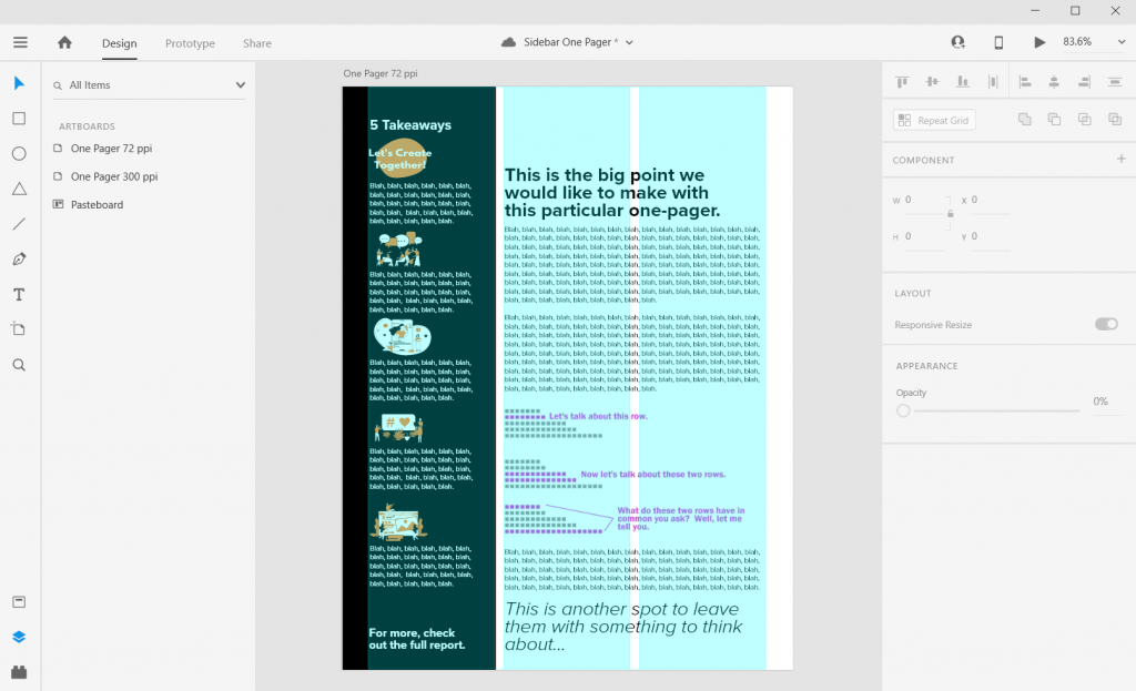 Sidebar Style One-Pager in Adobe XD Illustration Charts and Pictures