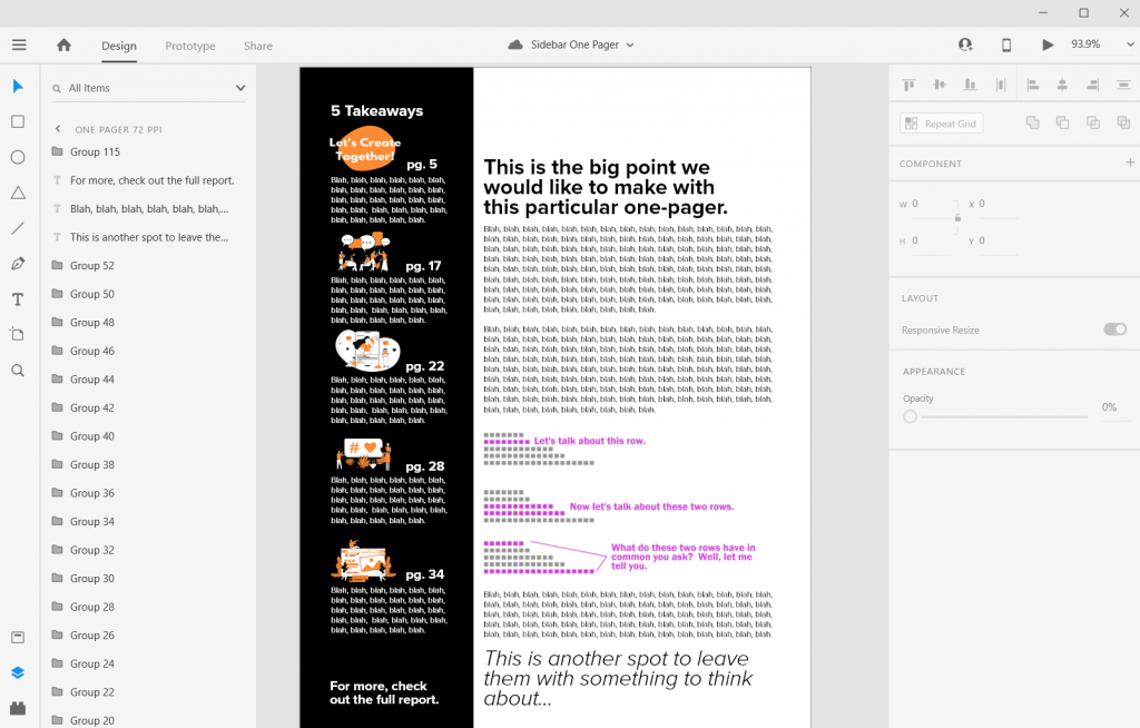 Sidebar Style One-Pager in Adobe XD Illustration Exporting into PDF