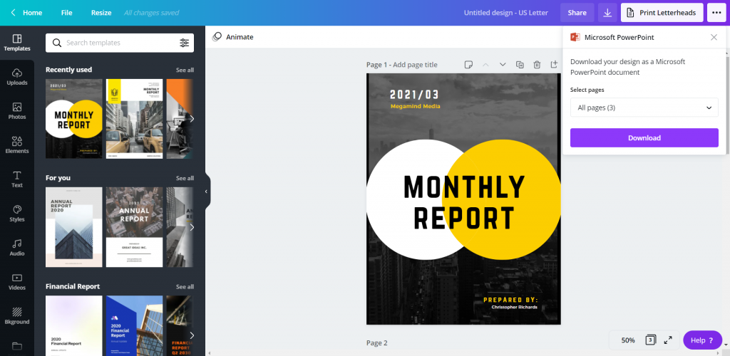 How to Create Power Point Report Templates in Canva Illustration - Downloading PowerPoint
