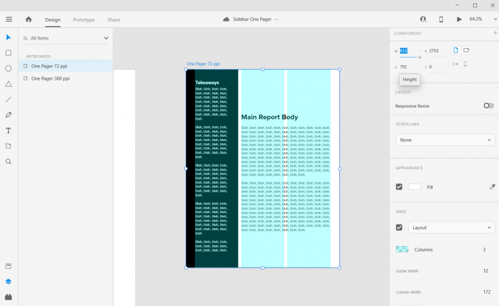 Sidebar Style One-Pager in Adobe XD Illustration 8.5 by 11 artboard 72 pixel per inch