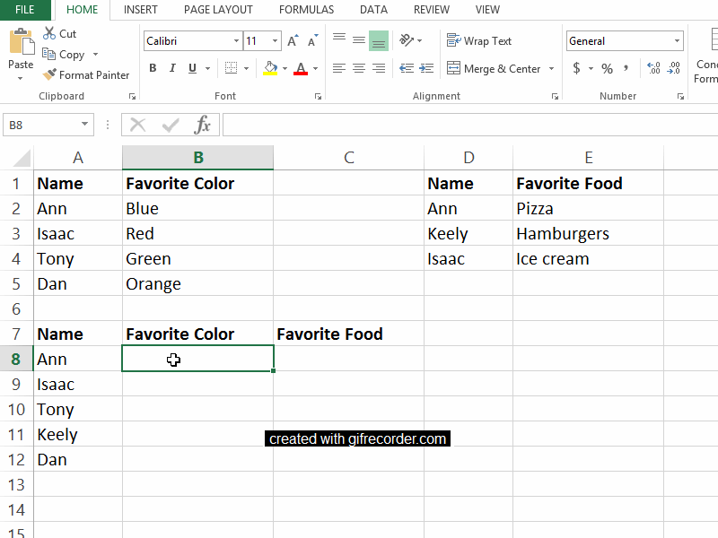 In this example, watch as I type =vlookup( into cell B8. Next, click on the cell that contains the name or ID number that you want to look up in one of your other tables. Then, insert a comma, which moves us on to the second section of the function.