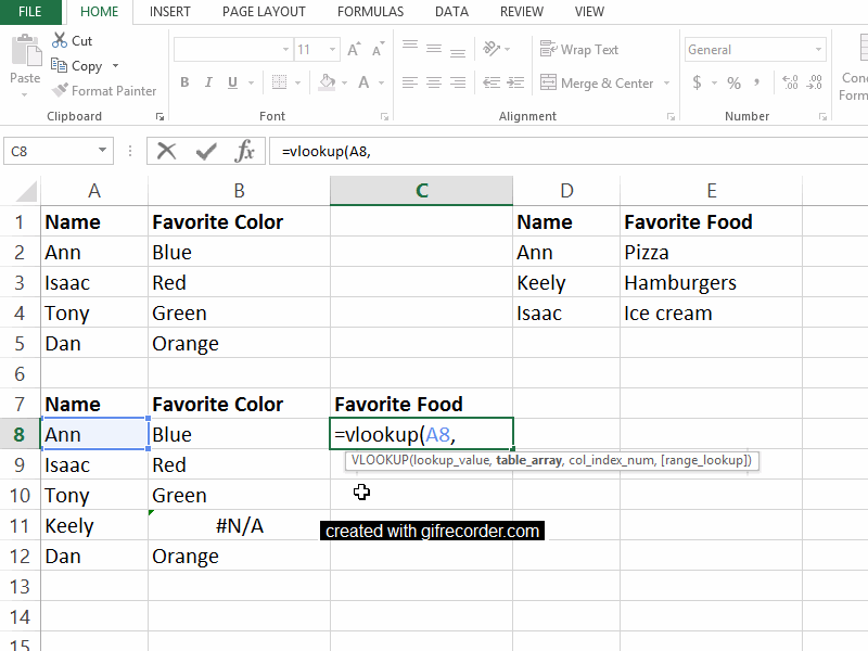 Second, indicate the boundaries of the Favorite Food table that we want to pay attention to. My function now reads =vlookup(A8,D1:E4