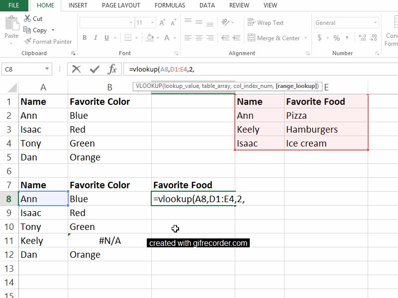Finally, type false into the function and close your parentheses. The completed function says =vlookup(A8,D1:E4,2,false) and tells us that Ann’s favorite food is pizza. 