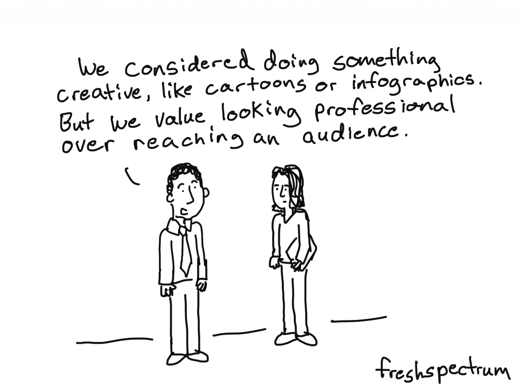 freshspectrum cartoon by Chris Lysy. "We considered doing something creative, like cartoons or infographics. But we value looking professional over reaching an audience."