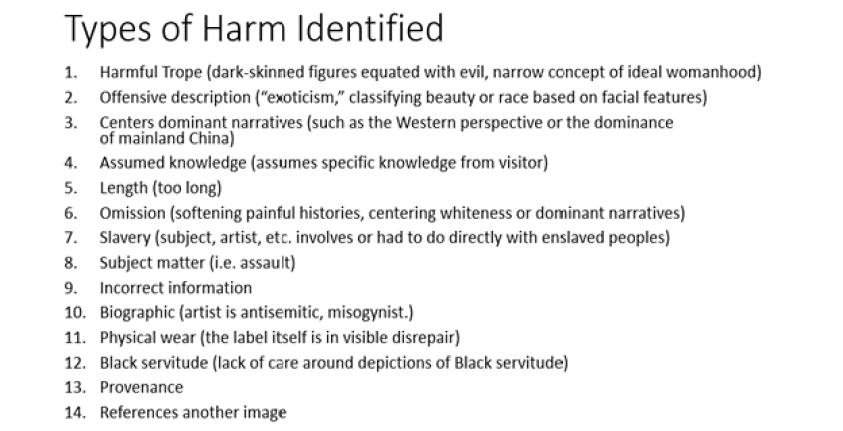 A list of 14 types of harm written in black text on a white background.