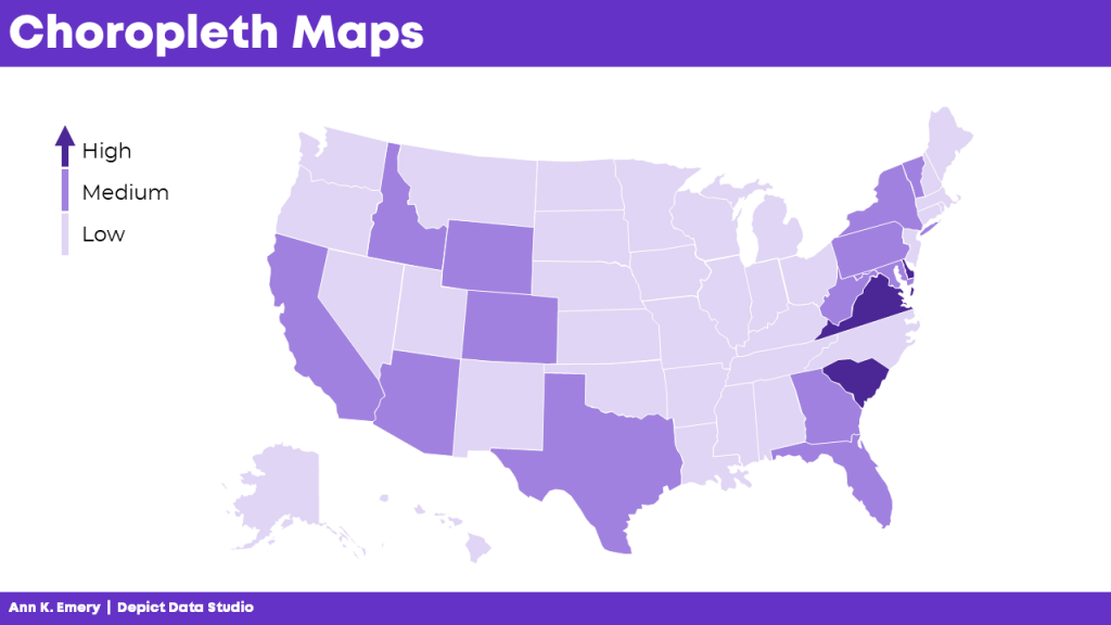 You’ve seen this one: The regular ol’ color-coded map, or choropleth. Big numbers are dark. These maps are familiar and intuitive.