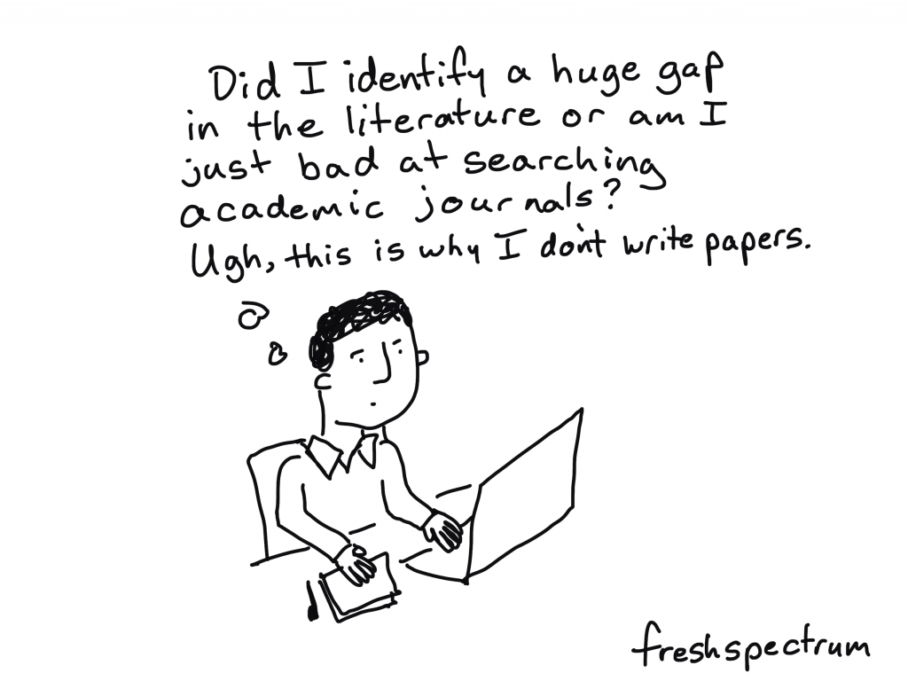 Freshspectrum Cartoon by Chris Lysy. Did I identify a huge gap in the literature or am I just bad at searching academic journals? Ugh, this is why I don't write papers.