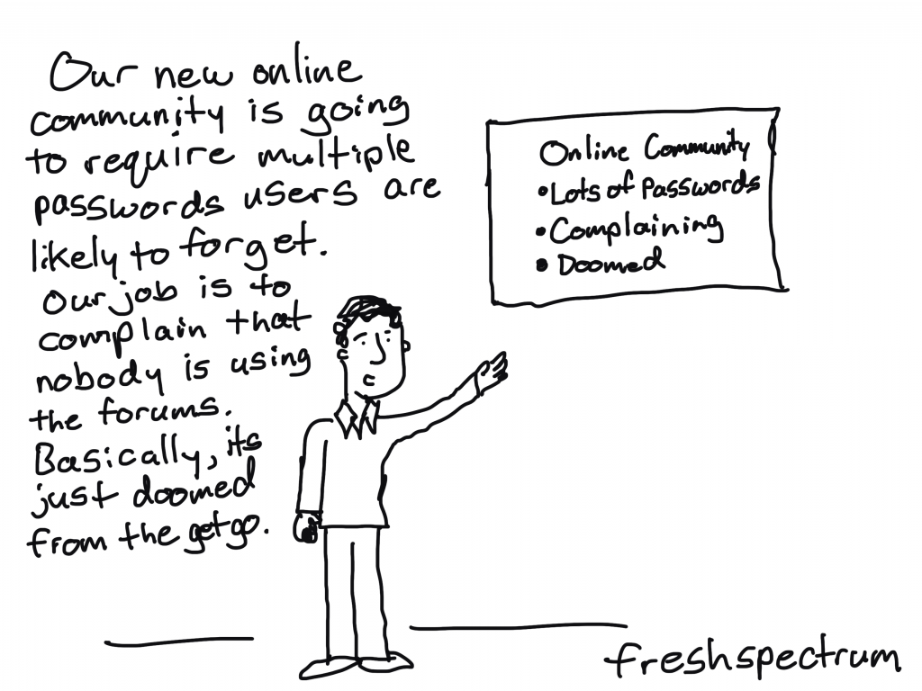 Freshspectrum Cartoon by Chris Lysy - Our new online community is going to require multiple passwords users are likely to forget. Our job is to complain that nobody is using the forums. Basically, it's just doomed from the get go.