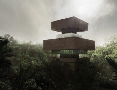 A tall, modern looking museum building emerges out of the rainforest.