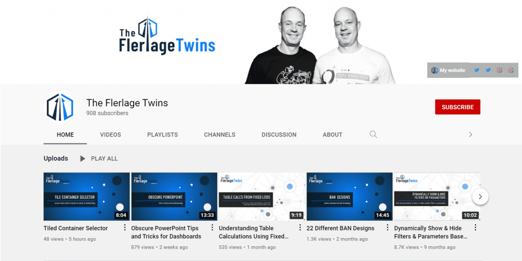 The Flerlage Twins are Tableau Zen Masters and Youtubers who have a popular Youtube channel that covers all things Tableau. 