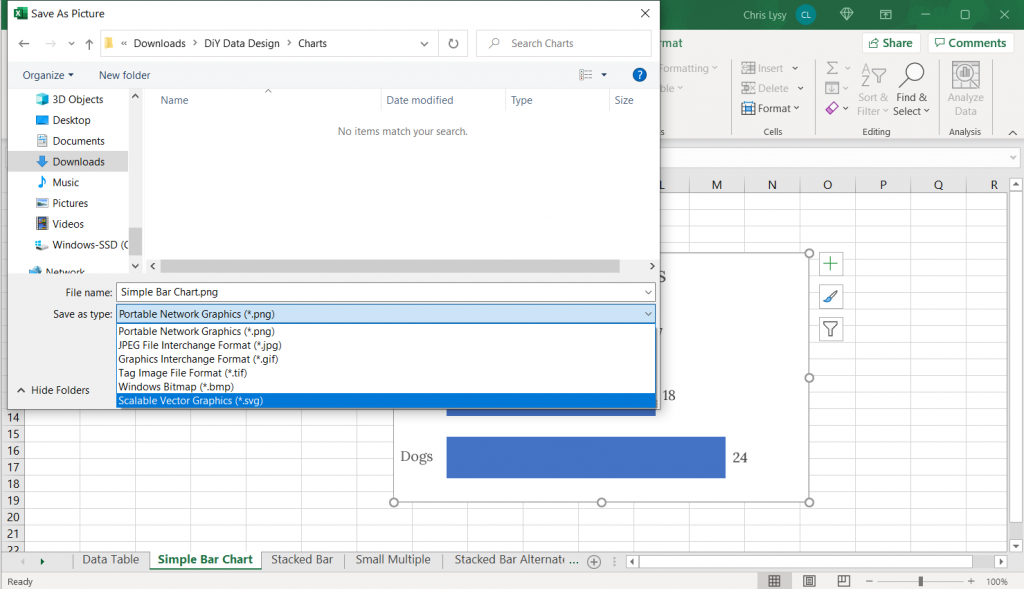 Screenshot, saving an Excel chart as an SVG.