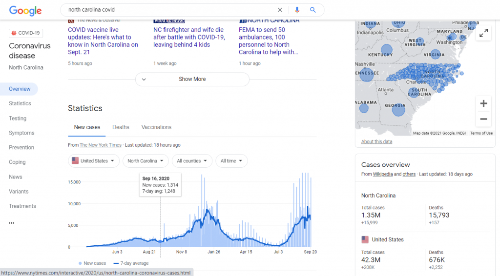 Screenshot from Google search of "North Carolina COVID" on 9/21/2021.