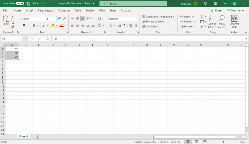 How to make a pie chart in Excel, step 1.