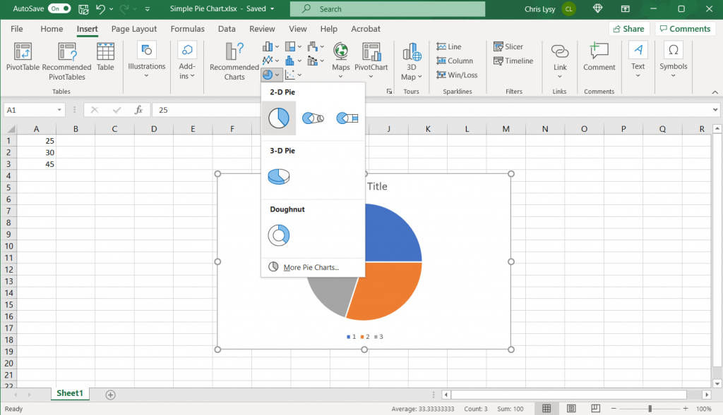 How to make a pie chart in Excel, step 2