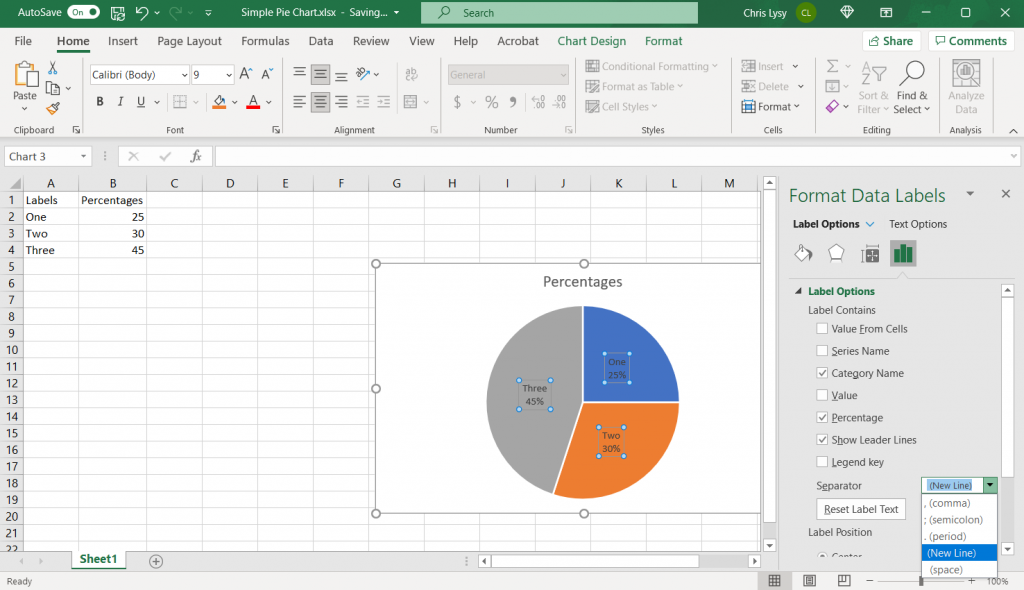 How to make a pie chart in Excel Example Screenshot, Adding the Category Name to the Data Label