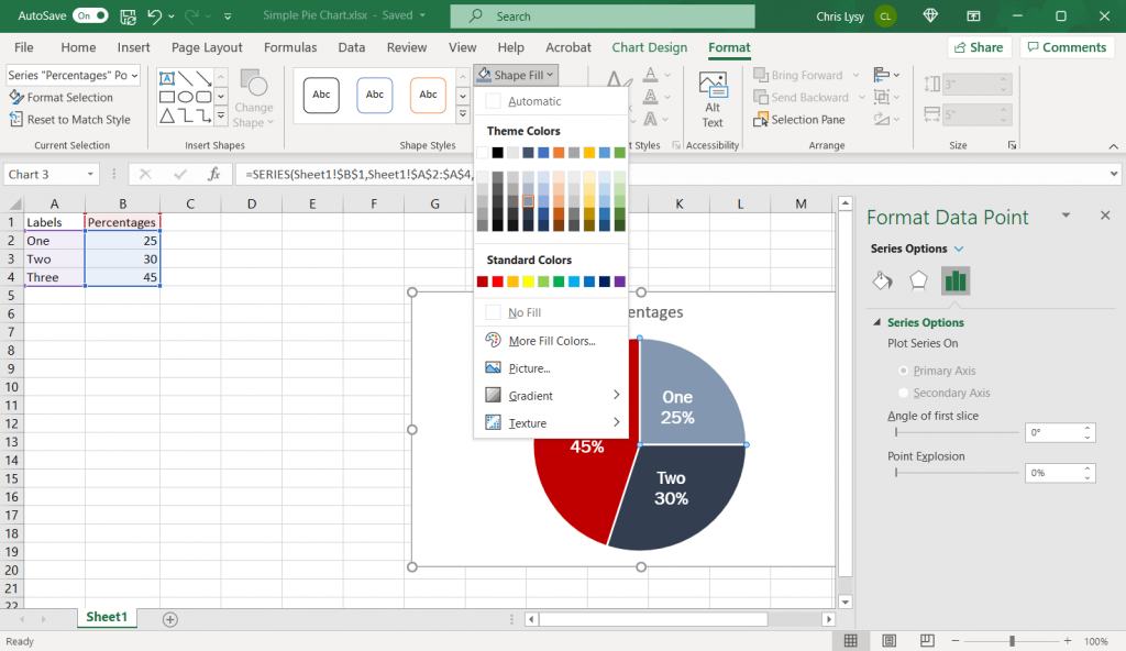 How to make a pie chart in Excel Example Screenshot, Changing Colors with Intention