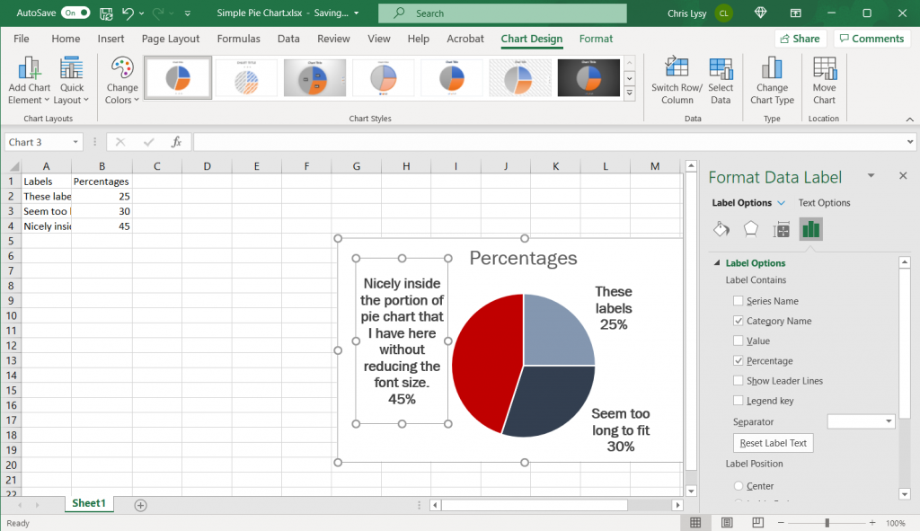 How to make a pie chart in Excel Example Screenshot, what to do with longer category labels