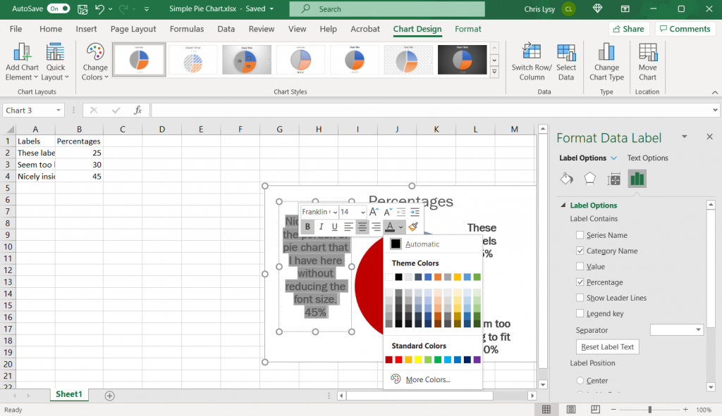How to make a pie chart in Excel Example Screenshot, color matching labels to pie slices