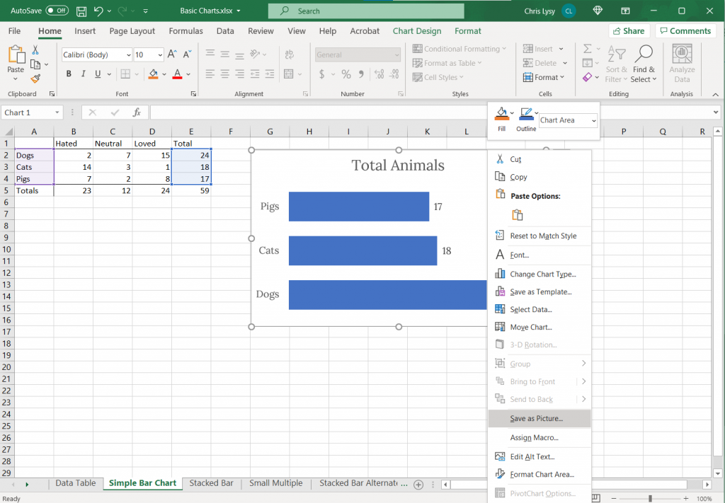 Screenshot. Clicking on a chart in Excel and saving as a picture.