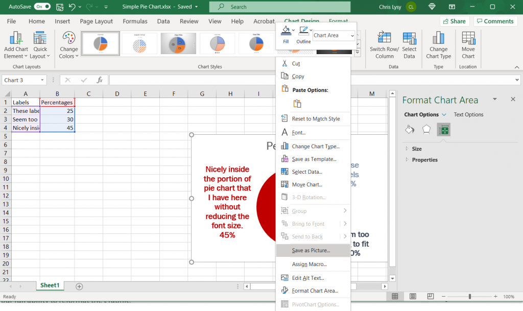 How to make a pie chart in Excel Example Screenshot, saving as picture