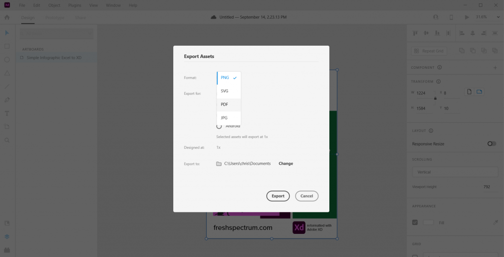 Screenshot of Adobe XD, exporting an infographic as a PDF.