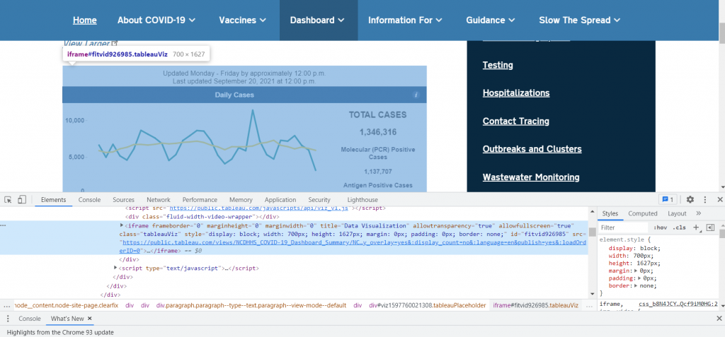 NC COVID 19 Dashboard. Accessed 9/21/2021. With the inspect button.