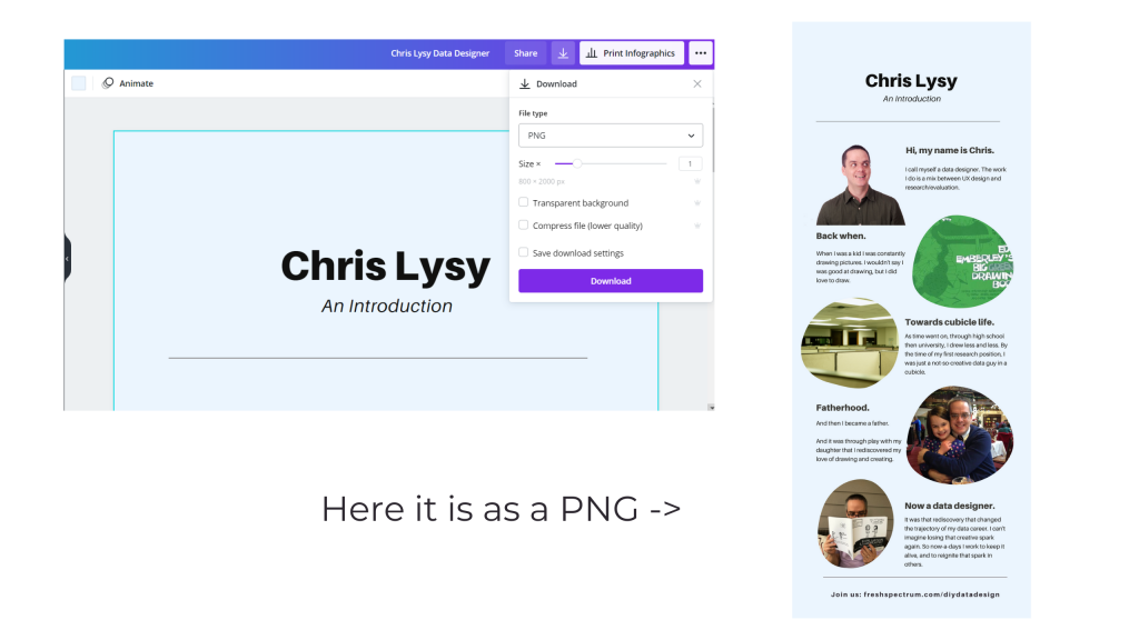 A picture illustrating how to download a PNG in Canva.