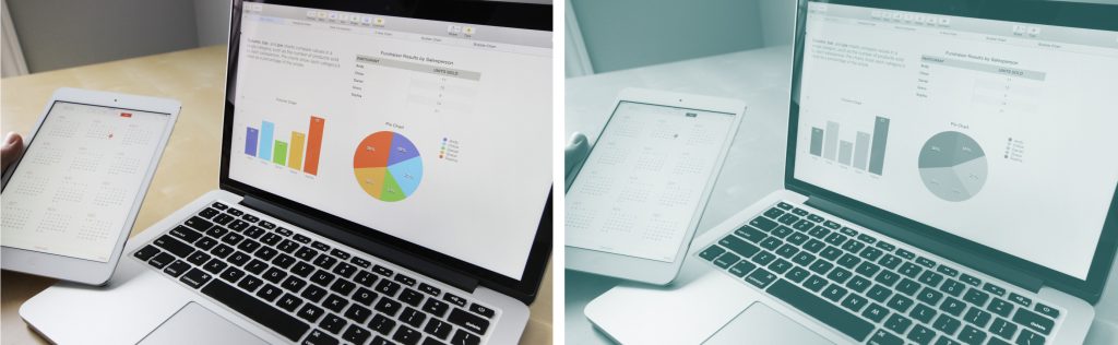 A comparison of a picture of a table and a laptop where one picture is in full color and the other picture has had its transparency adjusted. 