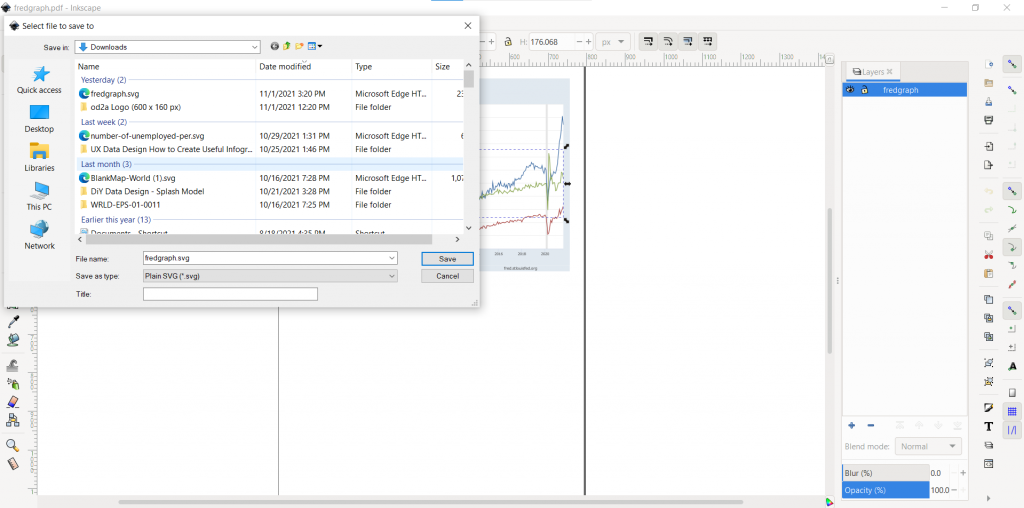 Screenshot of a graph being exported from PDF to SVG using Inkscape.