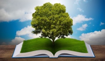 An open book is in the foreground. Its pages are covered in grass and a tree grows out of it. A blue sky and clouds are in the background. 