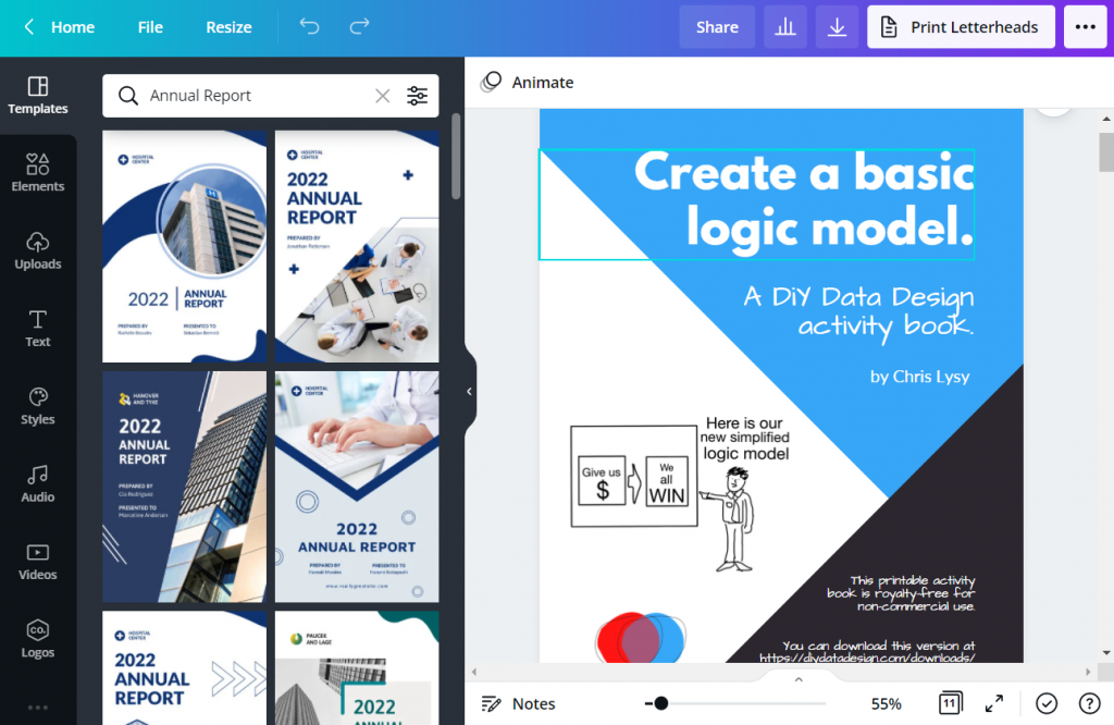 Screenshot of creating an Annual Report Template using Canva.