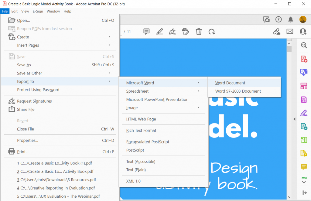 Screenshot of sharing a PDF document as a Word document.