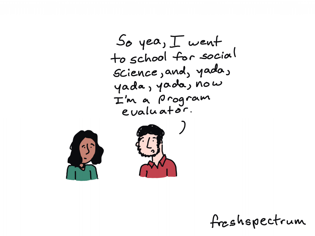 Fresh Spectrum Cartoon by Chris Lysy. One person talking to another, "So yea, I went to school for social science, and, yada, yada, yada, now I'm a program evaluator."