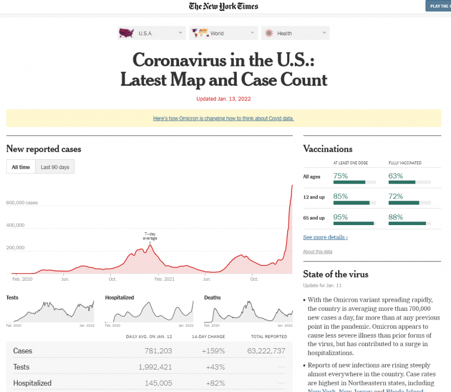 New York Times Coronavirus in the US Case Count screen shot.