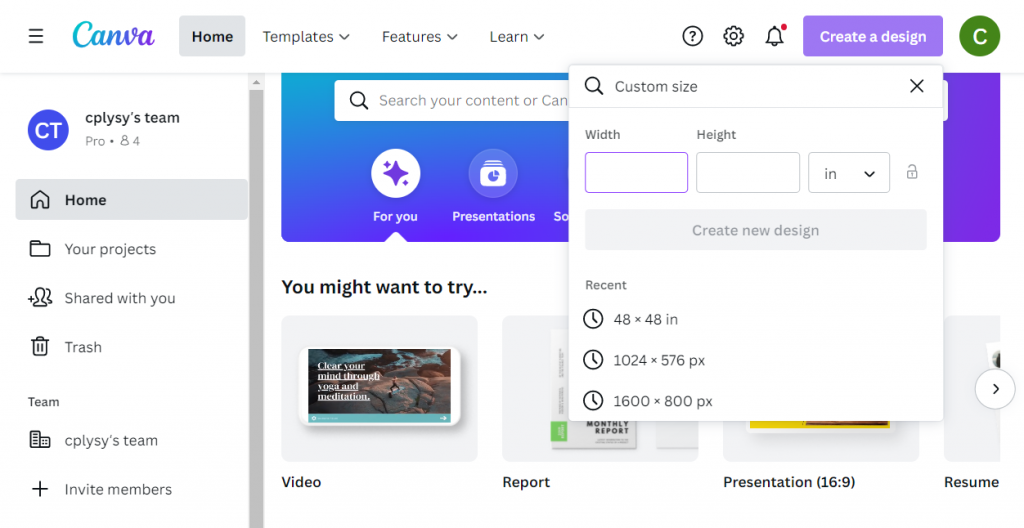 Creating a custom design size in Canva.